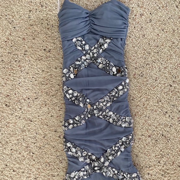 B. Darlin Strapless Gray Rhinestone Long Dress - Picture 6 of 8